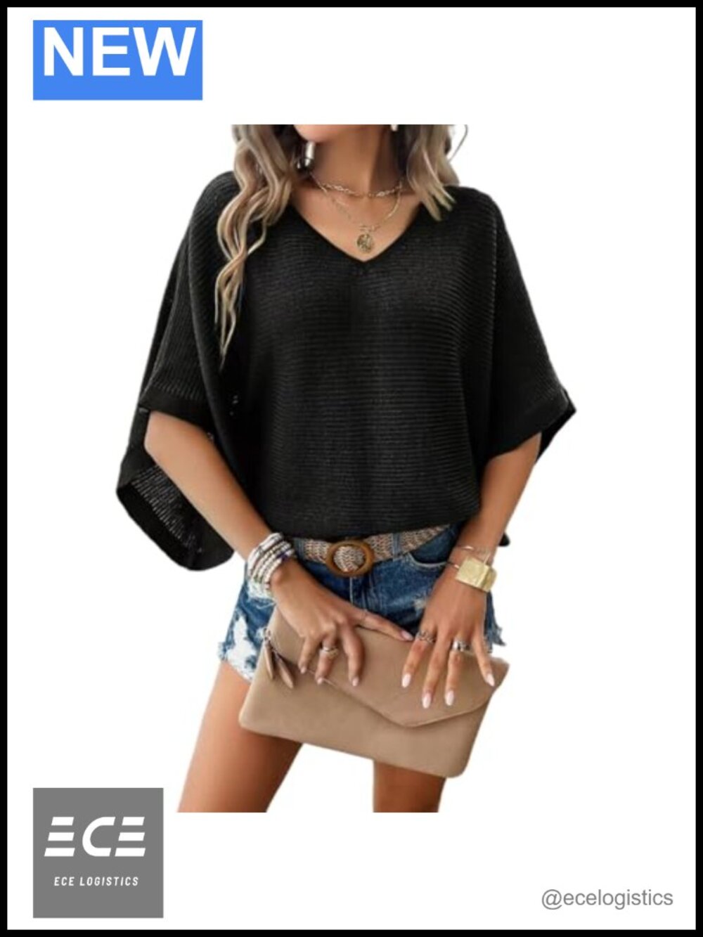 Women's Short Sleeve V-Neck Crochet Hollow Out Oversized Knit Sweater Coverup